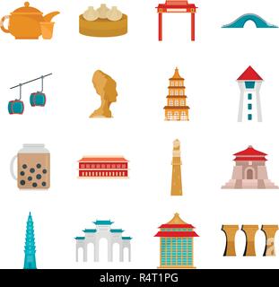 Taipei taiwan city skyline icons set. Flat illustration of 16 taipei taiwan city skyline vector icons isolated on white Stock Vector