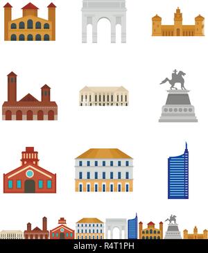Milan Italy city skyline icons set. Flat illustration of 9 Milan Italy city skyline vector icons isolated on white Stock Vector