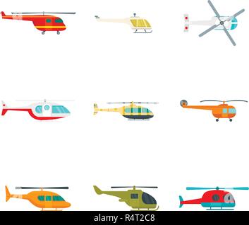 Helicopter military aircraft chopper icons set. Flat illustration of 9 helicopter military aircraft chopper vector icons isolated on white Stock Vector