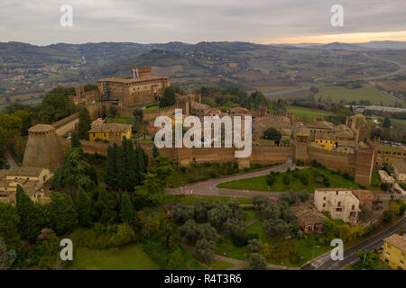 Aerial view of the walled town and castle of Gradara in Marche Italy popular tourist destination of the well preserved double walls and castle Stock Photo