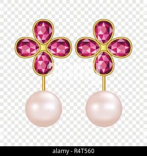 Pearl ruby earrings mockup. Realistic illustration of pearl ruby earrings vector mockup for on transparent background Stock Vector