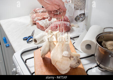 meat prepared for smoking. preparation raw meat for smoking. pork neck meat and bacon Stock Photo