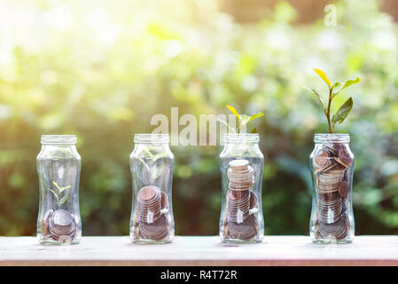 Money savings and investment concept : Stacked coins in 4 step growing with plant on wooden table with nature background. Depicts sustainable investme Stock Photo