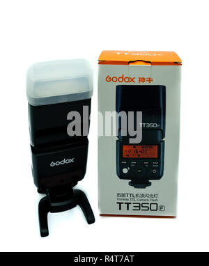 Largs, Scotland, UK - November 22, 2018: A godox TT350f for the Fujifilm system and fast becoming a popular alternative to native branded speedlights  Stock Photo