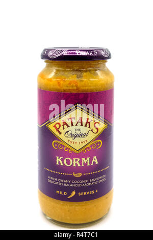 Largs, Scotland, UK - November 22, 2018: A glass jar containing Patak's branded Korma the jar being recyclable in most if not all UK Local Authorities Stock Photo