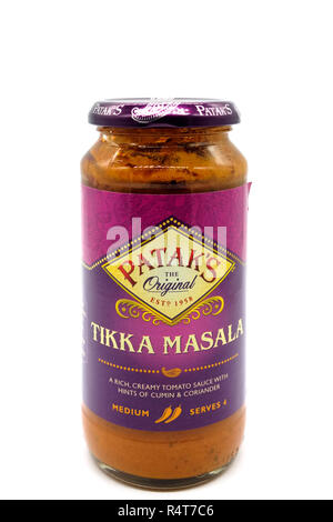 Largs, Scotland, UK - November 22, 2018: A glass jar containing Patak's branded Tikka Masal the jar being recyclable in most if not all UK Local Autho Stock Photo