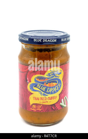 Largs, Scotland, UK - November 22, 2018: A glass jar containing Red Dragon Branded Thai Red Curry the jar being recyclable in most if not all UK Local Stock Photo