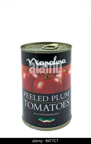 Largs, Scotland, UK - November 22, 2018: Napolina Branded Peeled Plum Tomatoes in Recyclable Aluminium can & Isolated on a white Background and inline Stock Photo