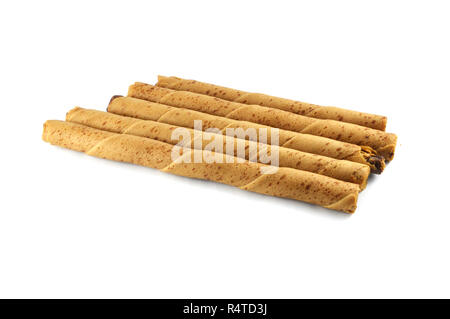 wafer rolls chocolate crispy cream filled wafer sticks isolated on white background Stock Photo