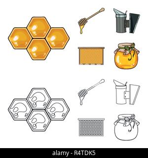 A frame with honeycombs, a ladle of honey, a fumigator from bees, a jar of honey.Apiary set collection icons in cartoon,outline style vector symbol st Stock Vector