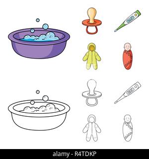 Pacifier, electronic thermometer, children overalls, diaper.Baby born set collection icons in cartoon,outline style vector symbol stock illustration . Stock Vector