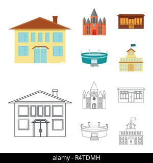 House of government, stadium, cafe, church.Building set collection icons in cartoon,outline style vector symbol stock illustration . Stock Vector