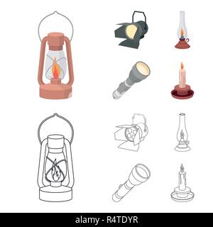 Searchlight, kerosene lamp, candle, flashlight.Light source set collection icons in cartoon,outline style vector symbol stock illustration . Stock Vector