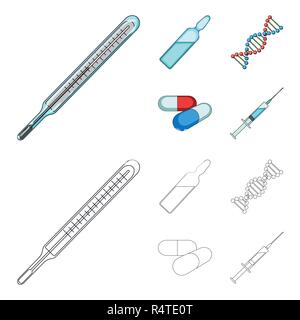 Human DNA and other equipment.Medicine set collection icons in cartoon,outline style vector symbol stock illustration . Stock Vector