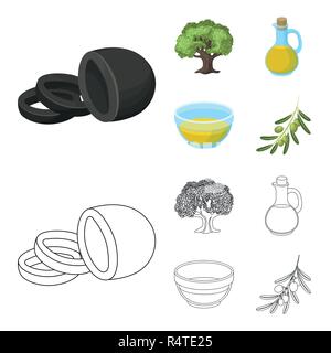 An olive tree, a branch with olives, a vessel and a jug of oil. Olives set collection icons in cartoon,outline style vector symbol stock illustration  Stock Vector