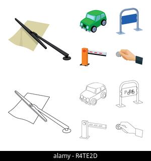 Car, parking barrier, bicycle parking place, coin in hand for payment. Parking zone set collection icons in cartoon,outline style vector symbol stock  Stock Vector