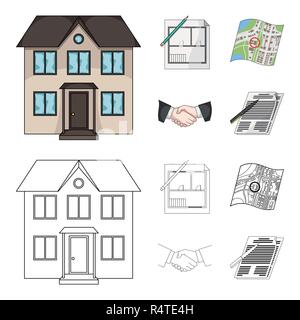 House plan, documents for signing, handshake, terrain plan. Realtor set collection icons in cartoon,outline style vector symbol stock illustration . Stock Vector