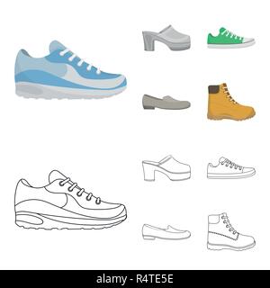 Flip-flops, clogs on a high platform and heel, green sneakers with laces, female gray ballet flats, red shoes on the tractor sole. Shoes set collectio Stock Vector