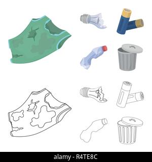 Broken light bulb, used batteries, breaking a plastic bottle, garbage can with a sign.Garbage and trash set collection icons in cartoon,outline style  Stock Vector