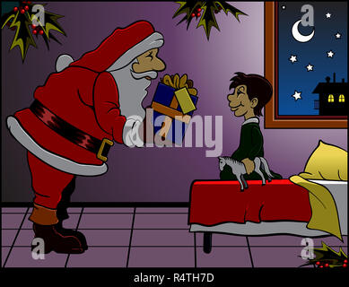 Cartoon illustration: Santa Claus bringing a gift to a happy child sitting on his bed Stock Photo