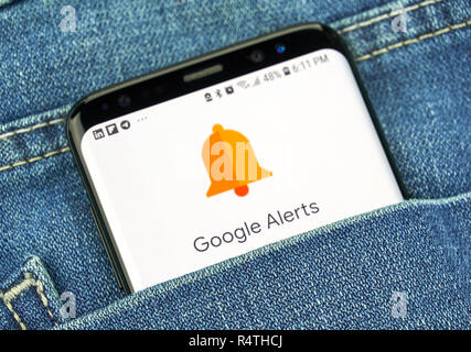 MONTREAL, CANADA - OCTOBER 4, 2018: Google Alerts on s8 screen. Google Alerts is a content change notification service. Stock Photo