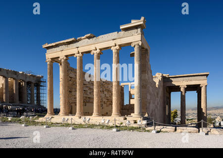 Athens. Greece. The Erechtheion (Erechtheum) ancient Greek temple on the north side of the Acropolis was dedicated to Athena and Poseidon, the temple  Stock Photo