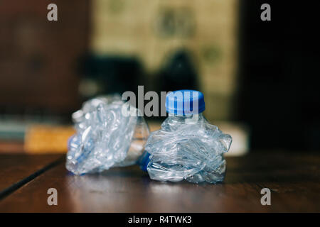 Crumpled, recycled plastic water bottles Stock Photo