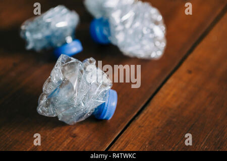 Crumpled, recycled plastic water bottles Stock Photo