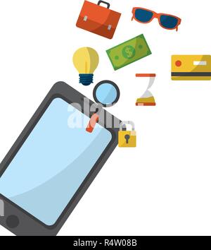 Business symbols coming out from smartphone vector illustration graphic design Stock Vector