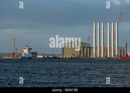 Wind turbine parts being prepared at the Global Energy Group site at Nigg Energy Park on the Cromarty Firth, Scotland Stock Photo