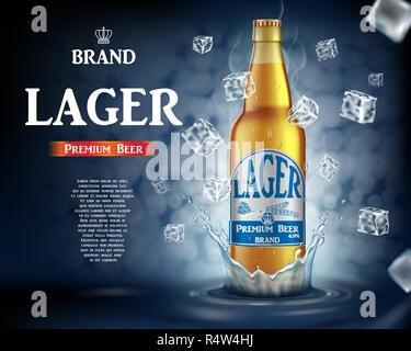 Craft lager beer ads with splashing. Realistic glass beer bottle with flying ice cubes on shiny blue background. Vector 3d illustration Stock Vector
