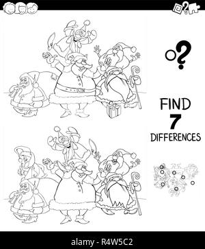 Black and White Cartoon Illustration of Finding Seven Differences Between Pictures Educational Game for Children with Christmas Characters Group Color Stock Vector