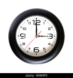 Big round wall clock with a black rim isolated on white background close-up and arrows showing three o'clock Stock Photo