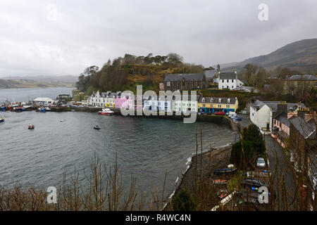 Portree Harbour on a misty day, Isle of Skye, Highland Region, Scotland, UK Stock Photo