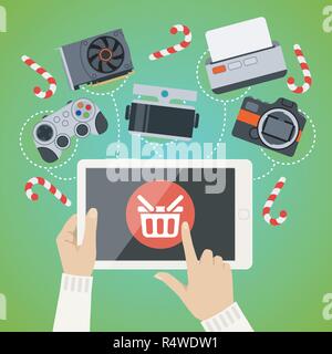 Human hands hold and tap on screen of smart tablet with buy button with shopping basket, goods are displayed around tablet. Buying online with mobile  Stock Vector