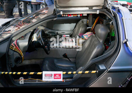 DMC DeLorean motor car and interior shot of steering wheel and ...