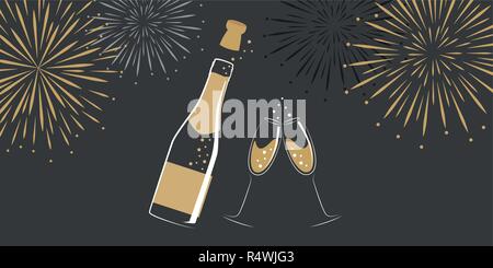 champagne bottle and glasses with new year fireworks vector illustration EPS10 Stock Vector