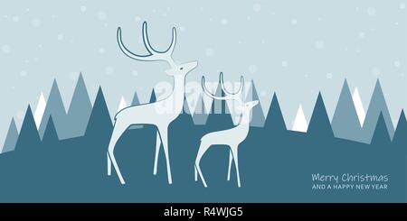 christmas greeting card with white reindeers and winter landscape vector illustration EPS10 Stock Vector