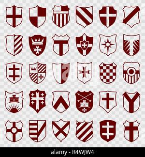 Set of red heraldic shields with emblems on transparent background. Isolated shields icons with contours. Vector silhouette elements for design. Stock Vector