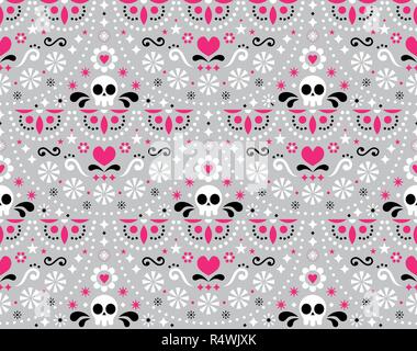 Mexican folk art vector seamless pattern with skulls, flowers and abstract shapes, pink, white and gray textile design inspired by traditional art for Stock Vector