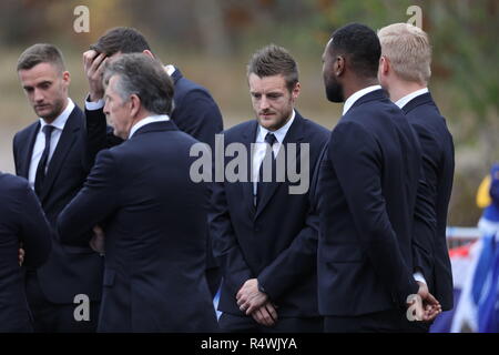 Leicester City football Club manager Claude Puel and players including Kasper Schmeichel, Jamie Vardy and Andy King, view the tribute site near to Leicester City Football Club's King Power Stadium, ahead of a visit by the Duke and Duchess of Cambridge to pay tribute to those who were killed in the helicopter crash last month. Stock Photo