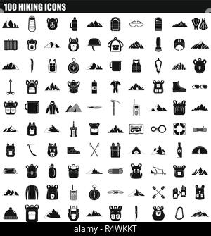 100 hiking icon set. Simple set of 100 hiking vector icons for web design isolated on white background Stock Vector