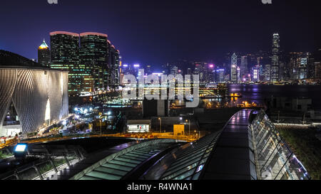 West Kowloon, Hong Kong  - October 09, 2018 :  Hong Kong West Kowloon Railway Station at night. It is the terminus of the Hong Kong section of the Gua