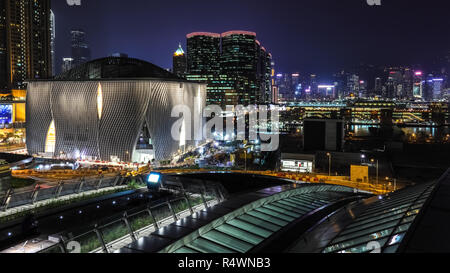 West Kowloon, Hong Kong  - October 09, 2018 :  Hong Kong West Kowloon Railway Station at night. It is the terminus of the Hong Kong section of the Gua