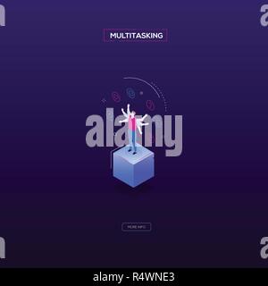 Multitasking concept - modern isometric vector web banner Stock Vector