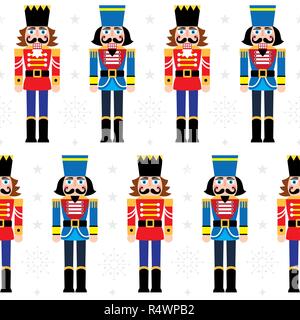 Christmas nutcracker vector seamless pattern - soldier figurine repetitive ornament with snowflakes on white background Stock Vector