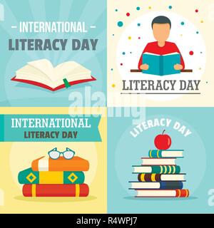 Literacy Day book international library banner concept set. Flat illustration of 4 Literacy Day book international library vector banner concepts for web Stock Vector