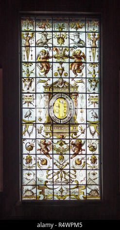 The Laurentian Library (Biblioteca Medicea Laurenziana), Florence, Italy. Sixteenth century stained-glass window bearing emblems of the Medici family Stock Photo