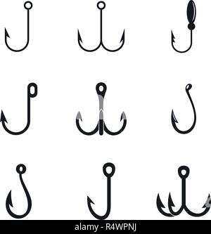 Fishing hook rod tackle catch metal icons set. Simple illustration of 9 fishing hook rod tackle catch metal vector icons for web Stock Vector