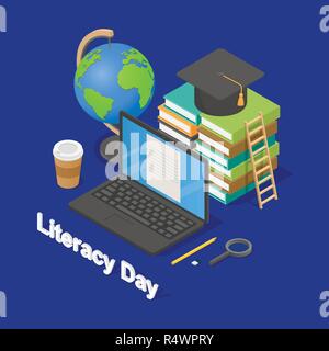 Literacy Day book international library banner concept. Isometric illustration of Literacy Day book international library vector banner for web Stock Vector